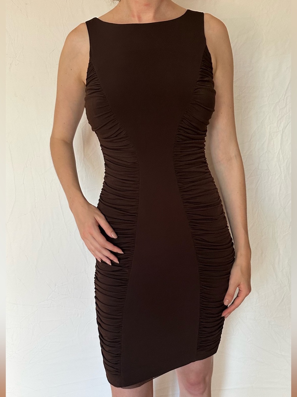 Calvin Klein Dark Brown Sleeveless Ruched Bodycon Mini Dress